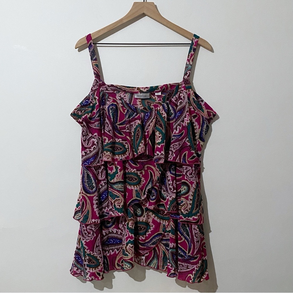 Avenue Fuschia Teal Paisley Tiered Ruffle Sleeveless Blouse Top Size 18/20